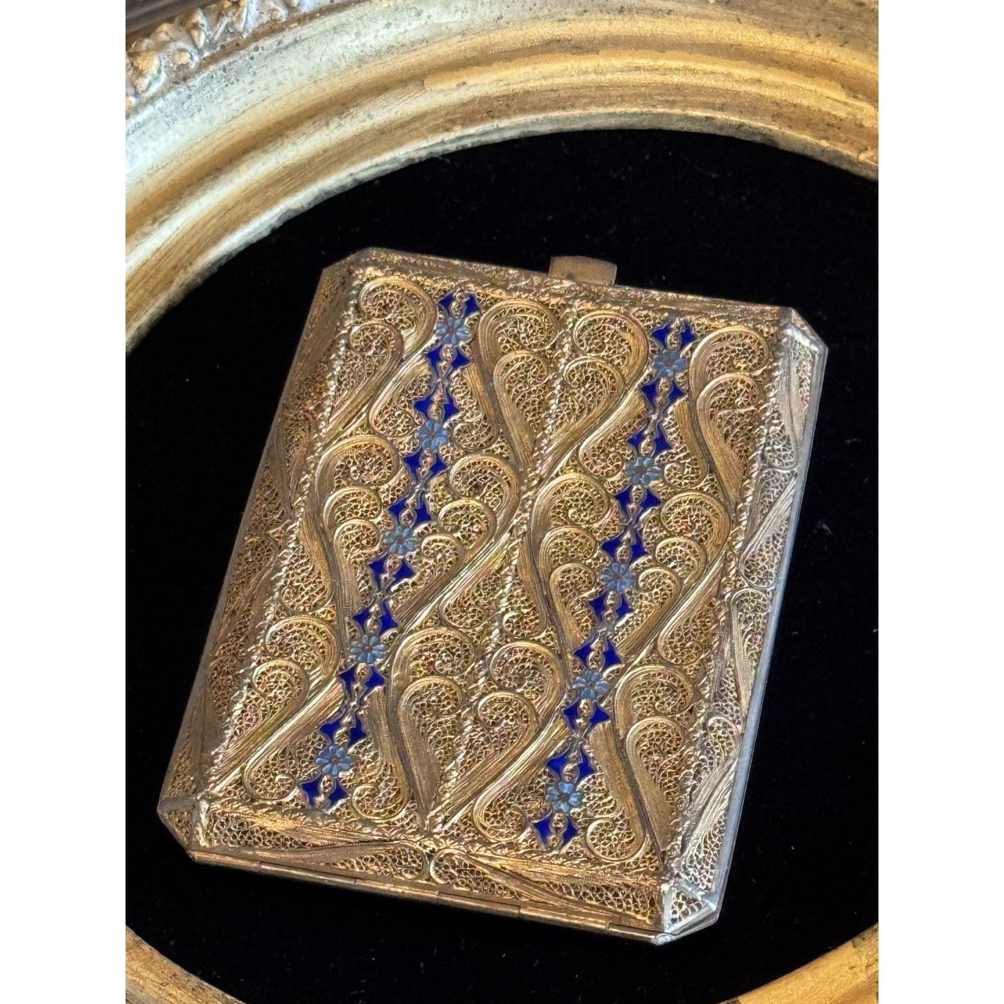 Vintage Cannetille Silver  Case Blue Enamel Gilt - Business Card Holder-