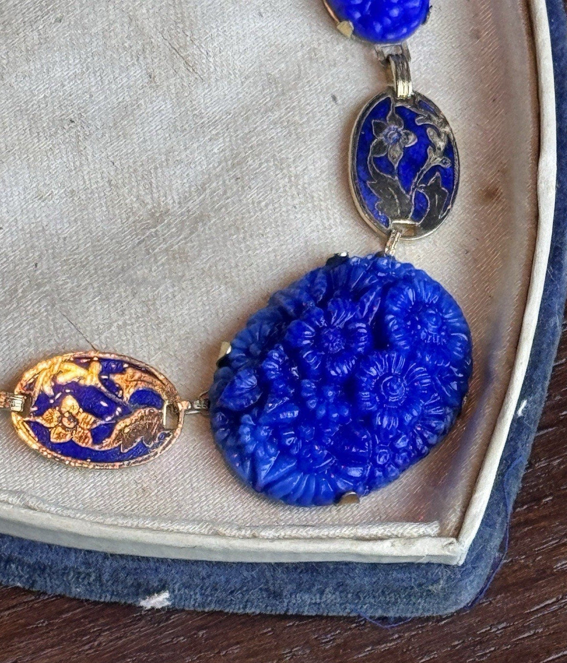 Vintage Czech Necklace Blue Pressed Glass Floral Enamel Goldtone Art Deco 16”