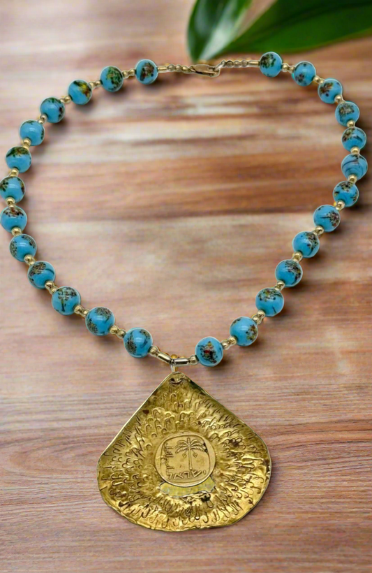 Vintage Turquoise Glass Beads With Large Gold Tone Pendant Signed Michael T