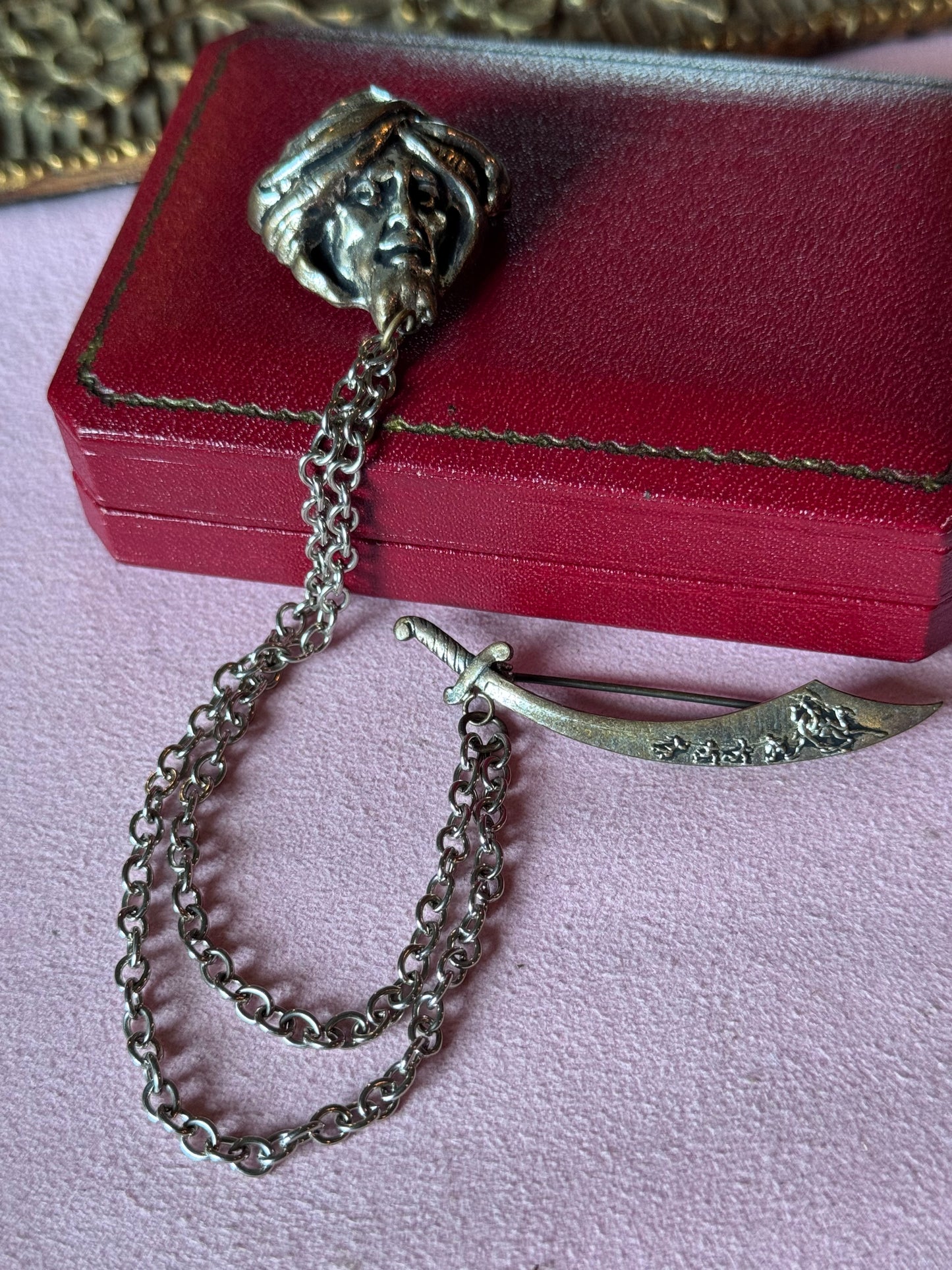 Vintage Chatelaine Brooch Turban Head “”Scimitar Toy Sword”” Dangle Chain Silvertone