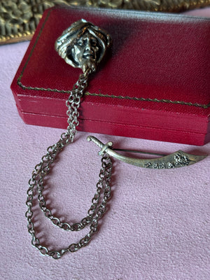 Vintage Chatelaine Brooch Turban Head “”Scimitar Toy Sword”” Dangle Chain Silvertone