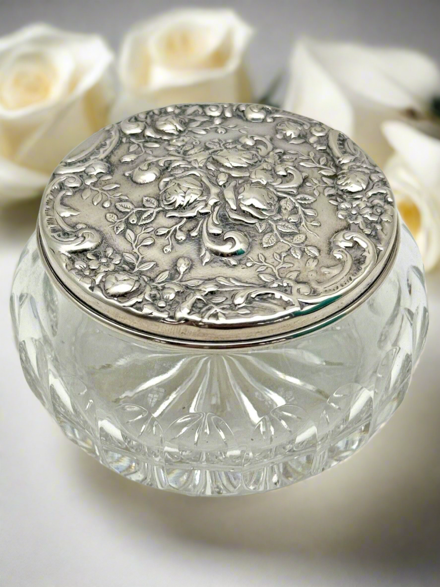 Vintage Powder Jar GORHAM West Germany Cut Crystal Silver Plate Lid W/Rose Repousse