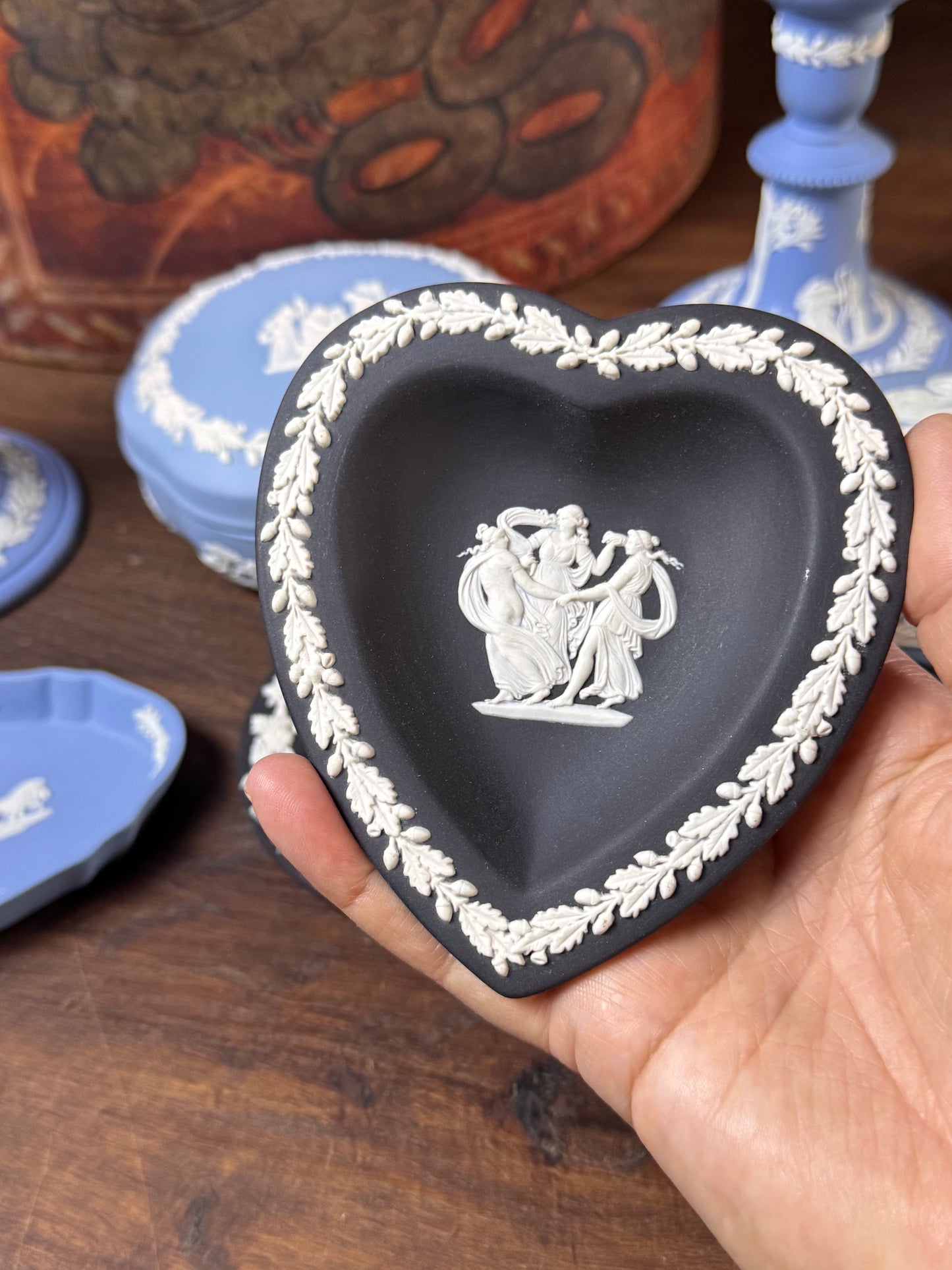 Vintage Wedgwood Jasperware Heart Dish Black White Three Graces 4.5”