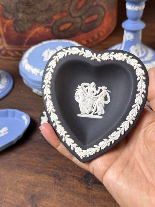 Vintage Wedgwood Jasperware Heart Dish Black White Three Graces 4.5”