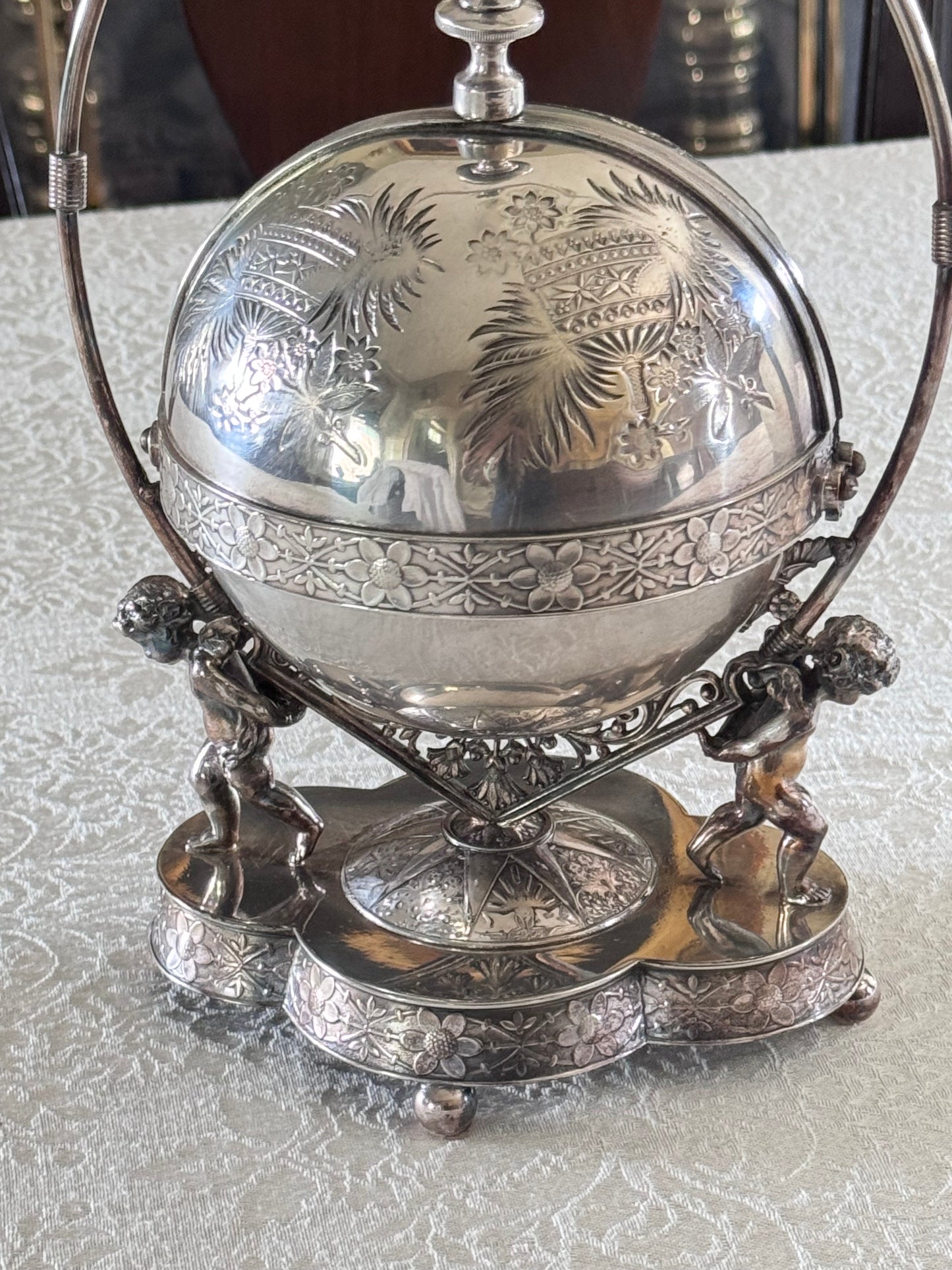 Antique Silverplate Putti Cherub Mechanical Butter Dish Victorian American Gilded Age c. 1880–1900
