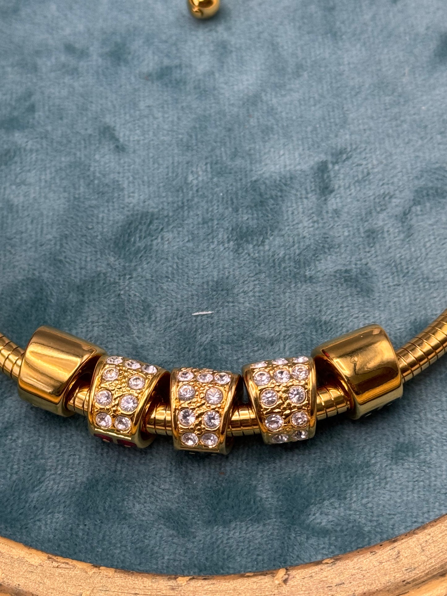 Vintage Joan Rivers Necklace Snake Chain Goldtone Rhinestone Charms 19”