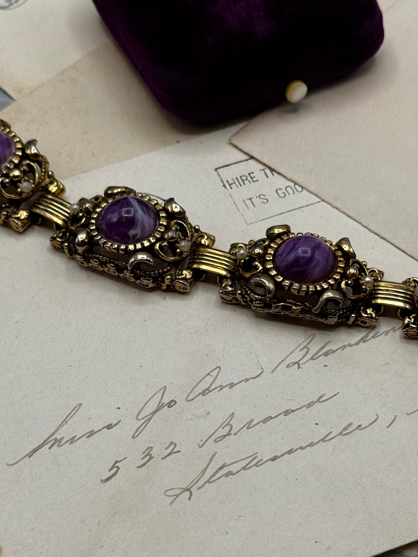 Vintage Victorian Revival Bracelet Purple Lucite Cabochon Faux Pearl Goldtone 7.25” Selro Selini Style