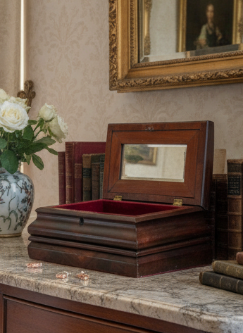 Antique Georgian Style Wooden Chest With Mirror Lined in Red Velvet circa 11.5” x 7.75” x 5.25”