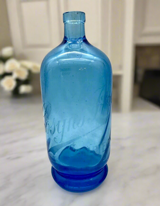 Antique FRENCH Seltzer Bottle Blue Glass Twist Marked COSYNS FRËRES COMPIEGNE