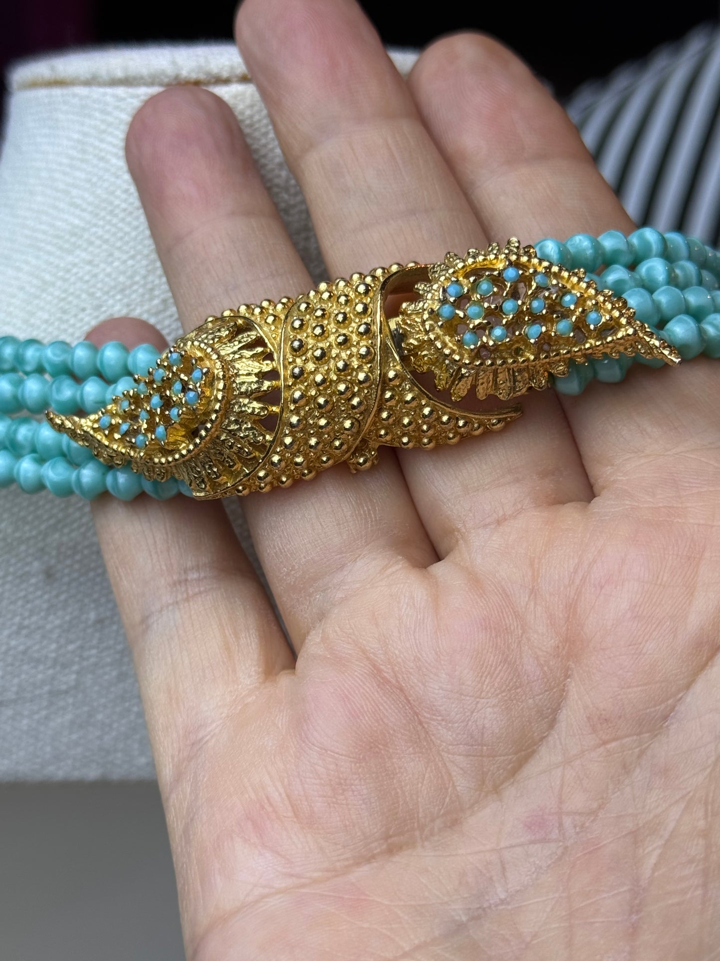 Vintage SIGNED Judith McCann Turquoise Color Glass Bead Necklace 4 Strand Goldtone Clasp 26”