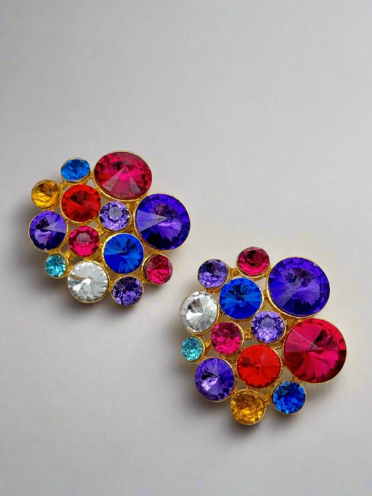 Vintage 80s Earrings Goldtone Multicolor Rhinestone