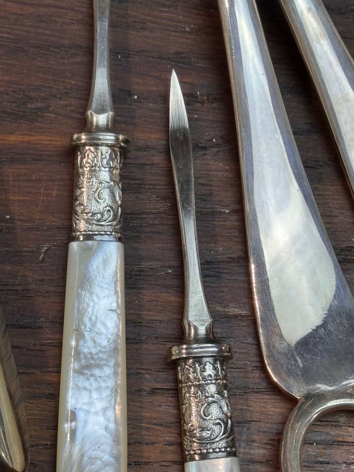 Vintage Dessert Set Walker Hall Sheffield Silver-plate Gold Wash Berry Spoons, Grape Shears, Nutcrackers & Picks MOP in Case