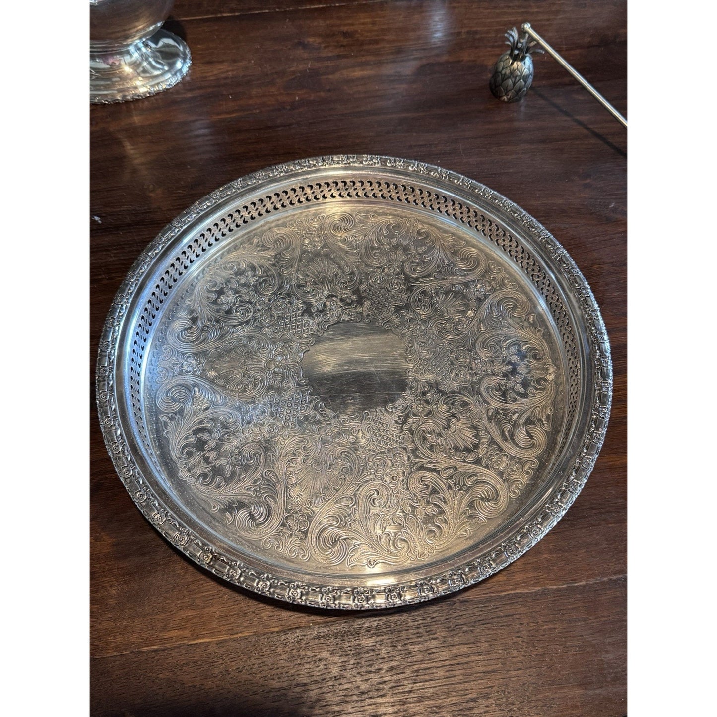 Silverplate Gallery Tray 12” Round Camelot Pattern IS Silver Ornate Serving Tray