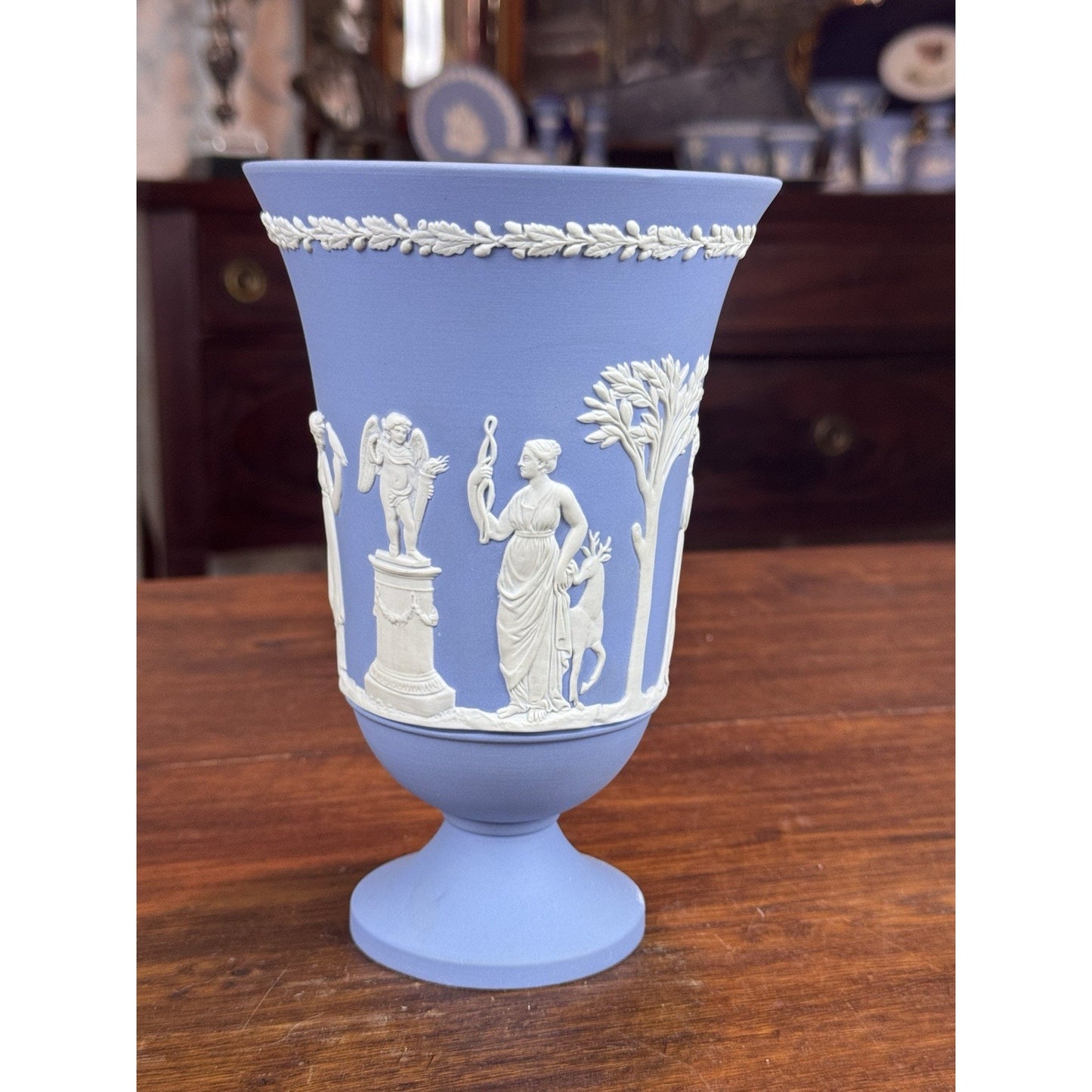 Vintage Wedgwood Jasperware Vase Blue White Classical Figures Pedestal 7.5”