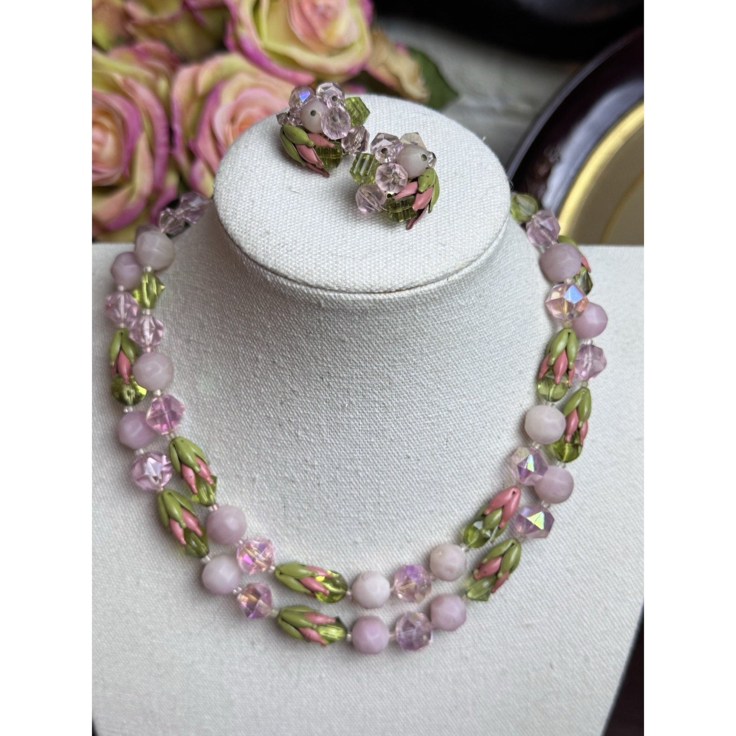 Vintage Pink Green Glass Bead Necklace Clip Earrings Set