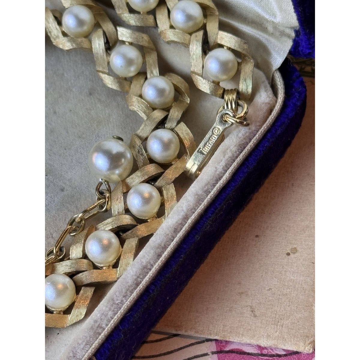 Vintage Trifari Faux Pearl Necklace Brushed Goldtone Signed Adjustable 16” x .5”
