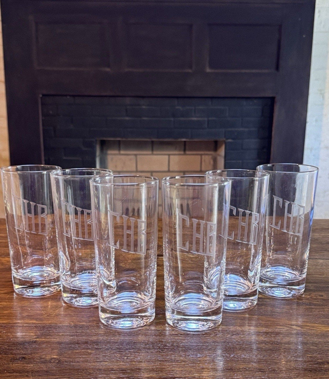 Set 6 Monogram CHB Highball Glasses Tall Cocktail Tumblers 6.25”