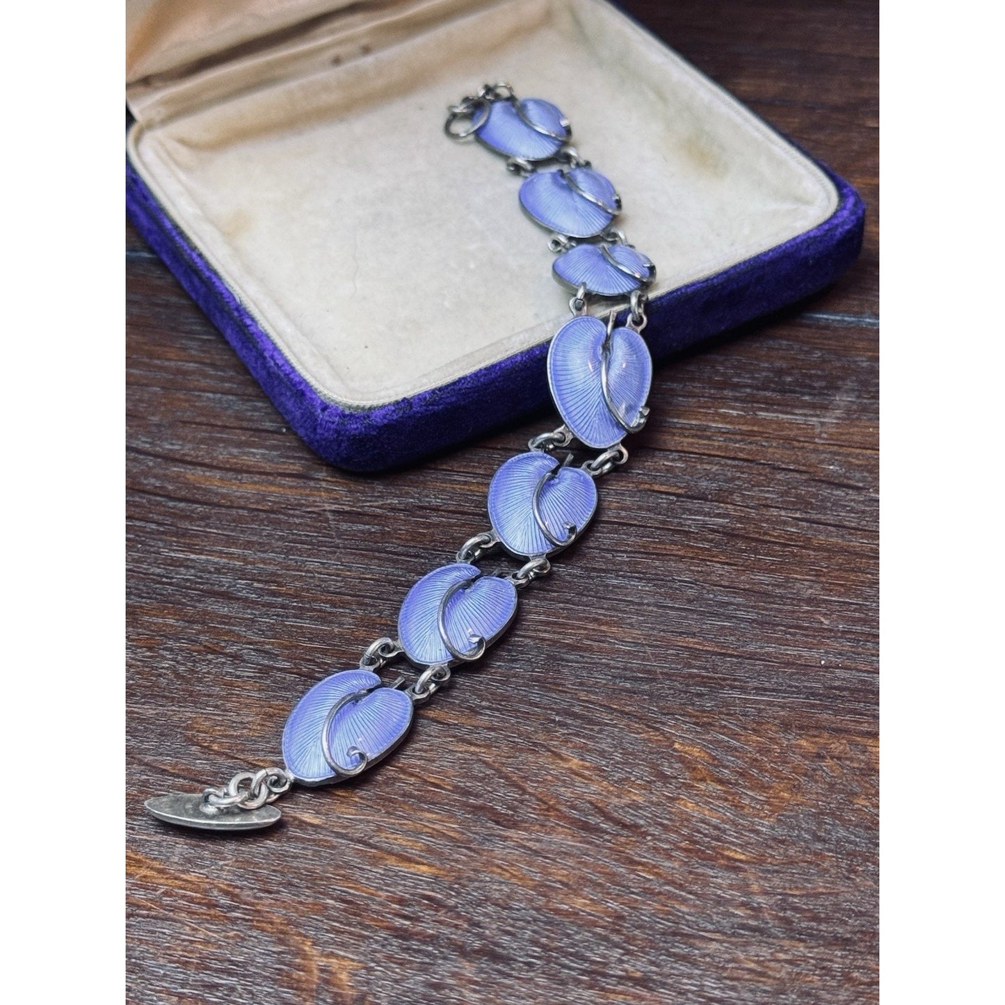 Volmer Bahner Sterling Silver Lavender Blue Guilloché Lily Pad Bracelet 7”