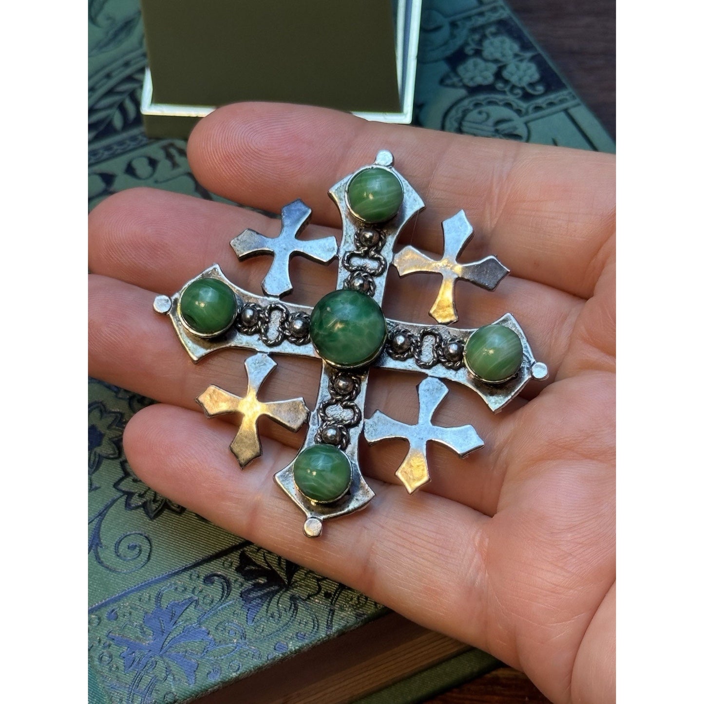 Vintage WEISS Jerusalem Cross Brooch Green Marbled Glass Cabochons Silvertone