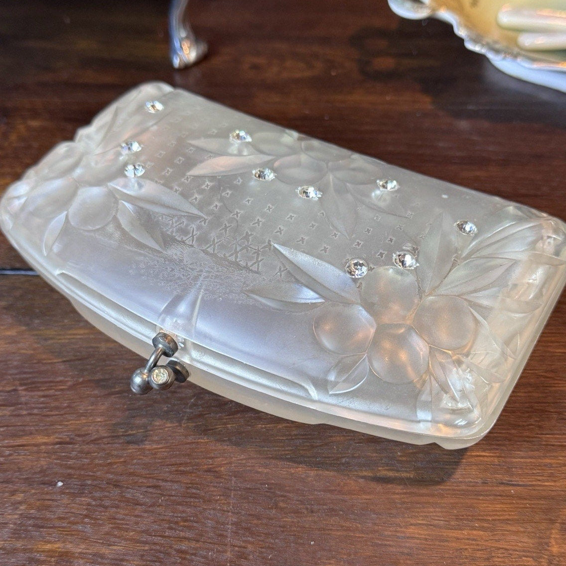 Vintage Lucite Rhinestone Clutch Purse Frosted Floral Clear Evening Handbag