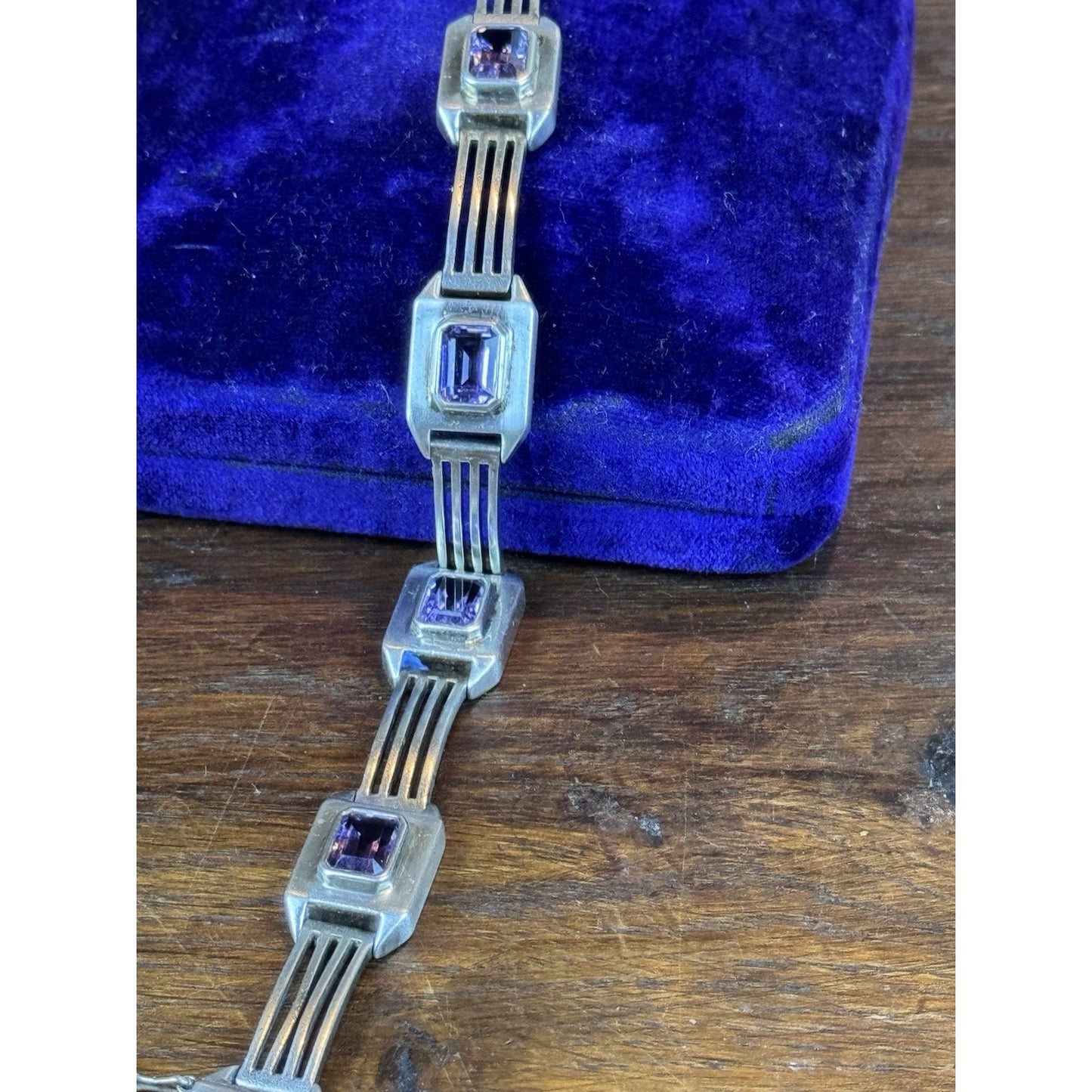 Vintage Sterling Silver Purple Stone Geometric Link Bracelet 6.5” Art Deco Style
