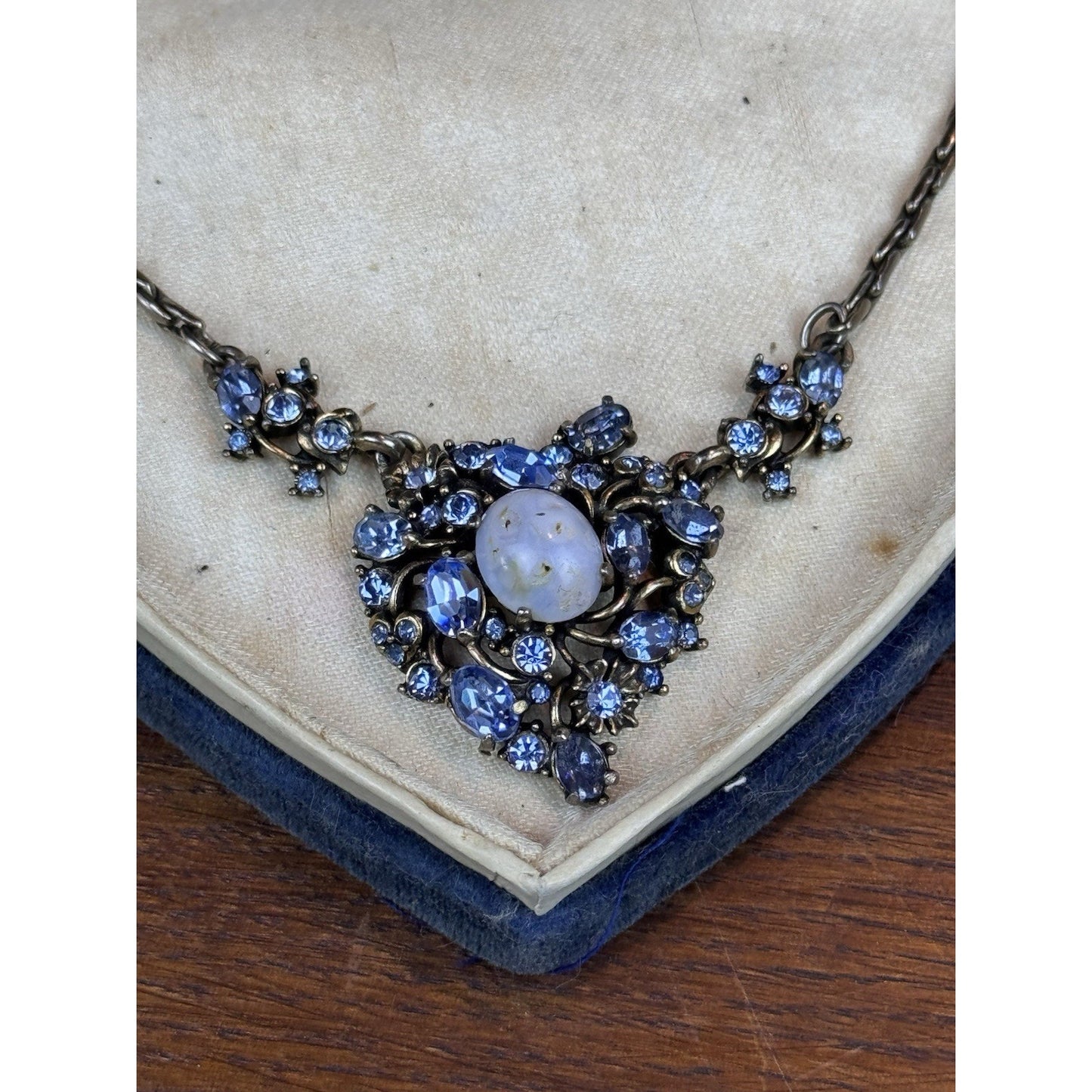 Vintage Hollycraft Necklace 1951 Blue Rhinestone Heart Easter Egg Silvertone 16”