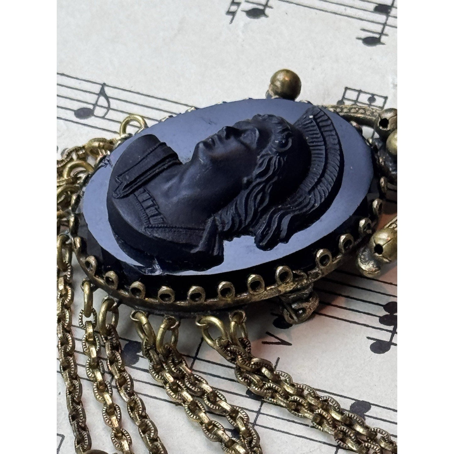 Black Cameo Brooch B Blumenthal & Co Goldtone Dangle Fringe 3.75” DAMAGED!
