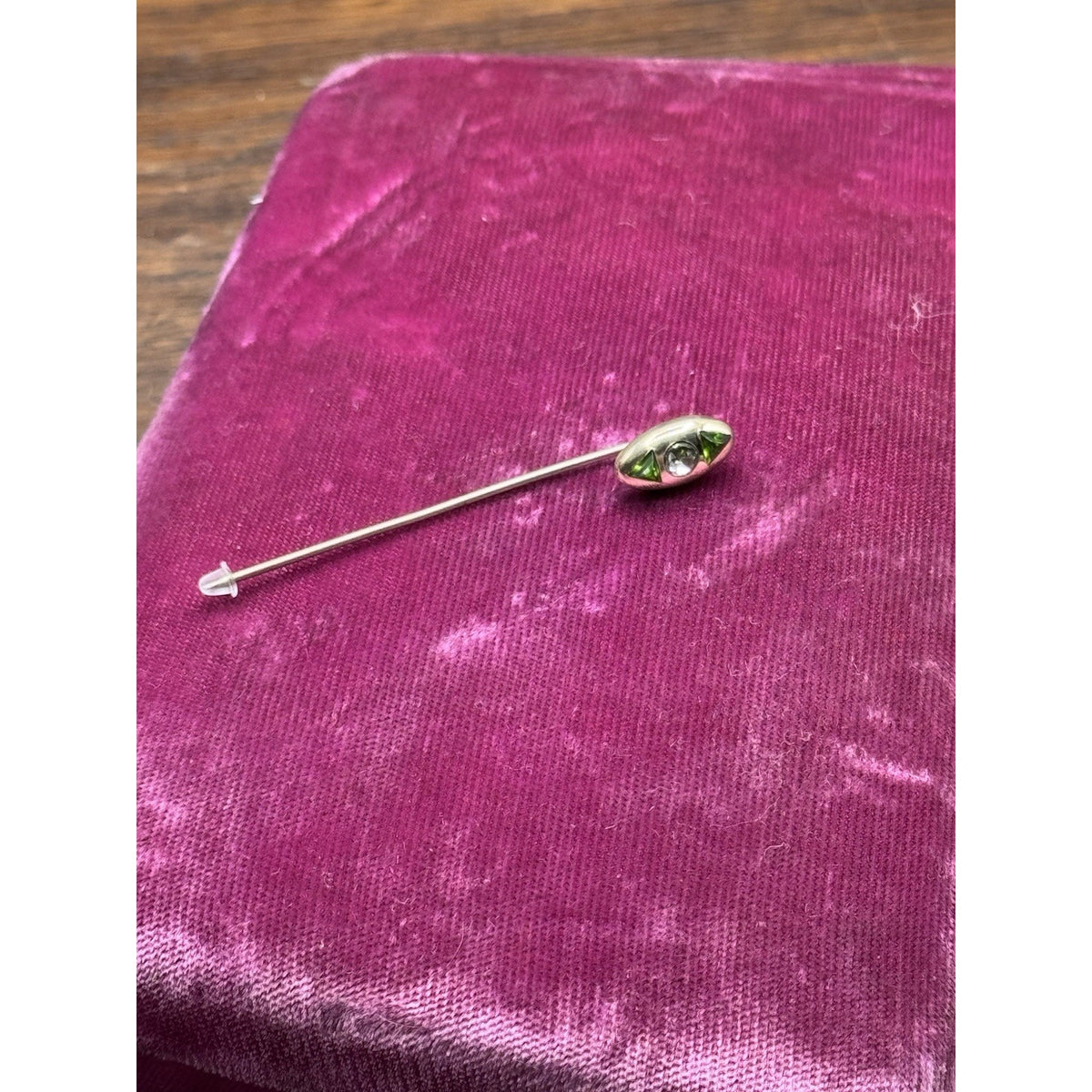 Vintage Gold Filled Stick Pin Green Clear Rhinestone Art Deco Style 2.5”