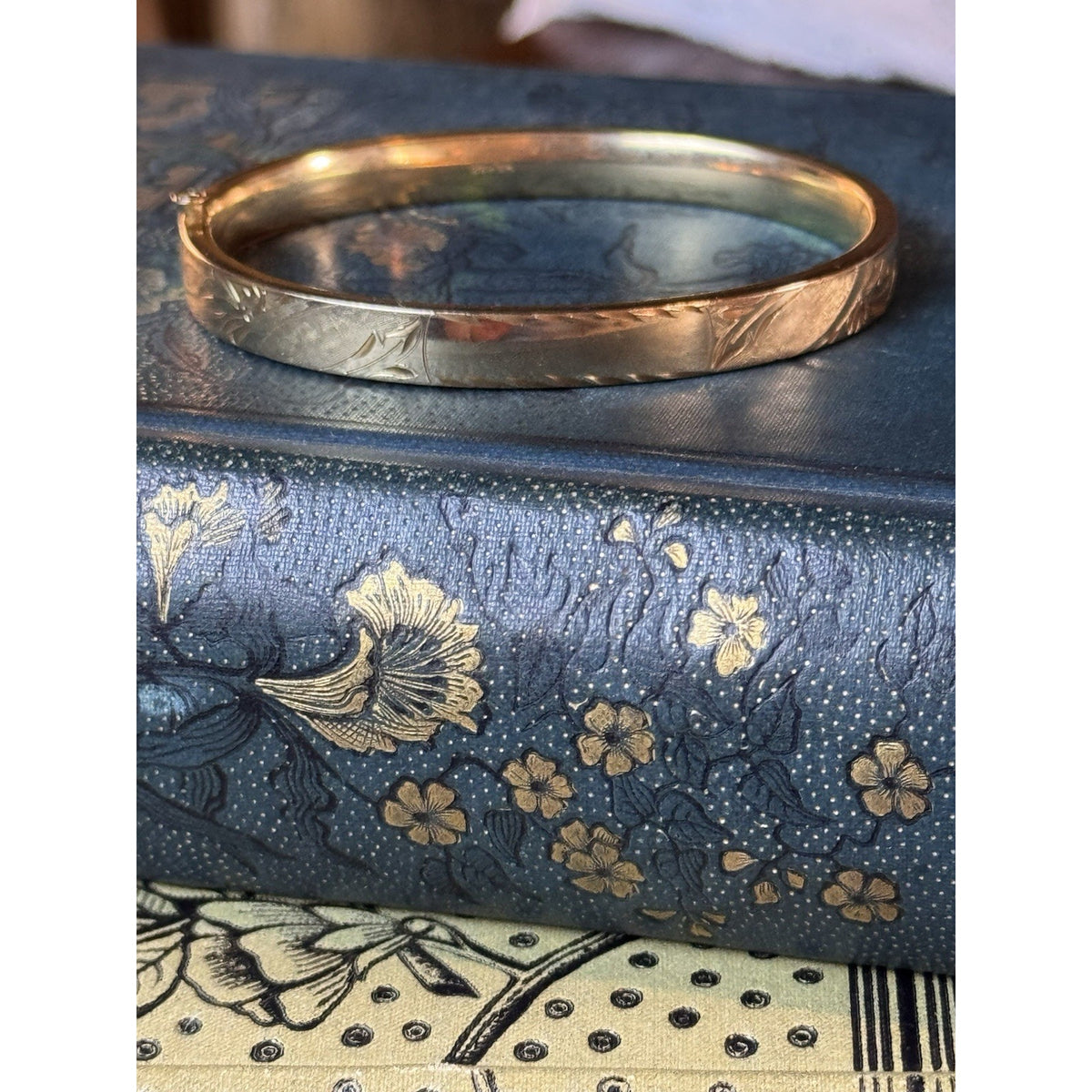 Gold-Filled Bangle Bracelet Engraved Leaf Design No Monogram Signed WEH GF 6.75”