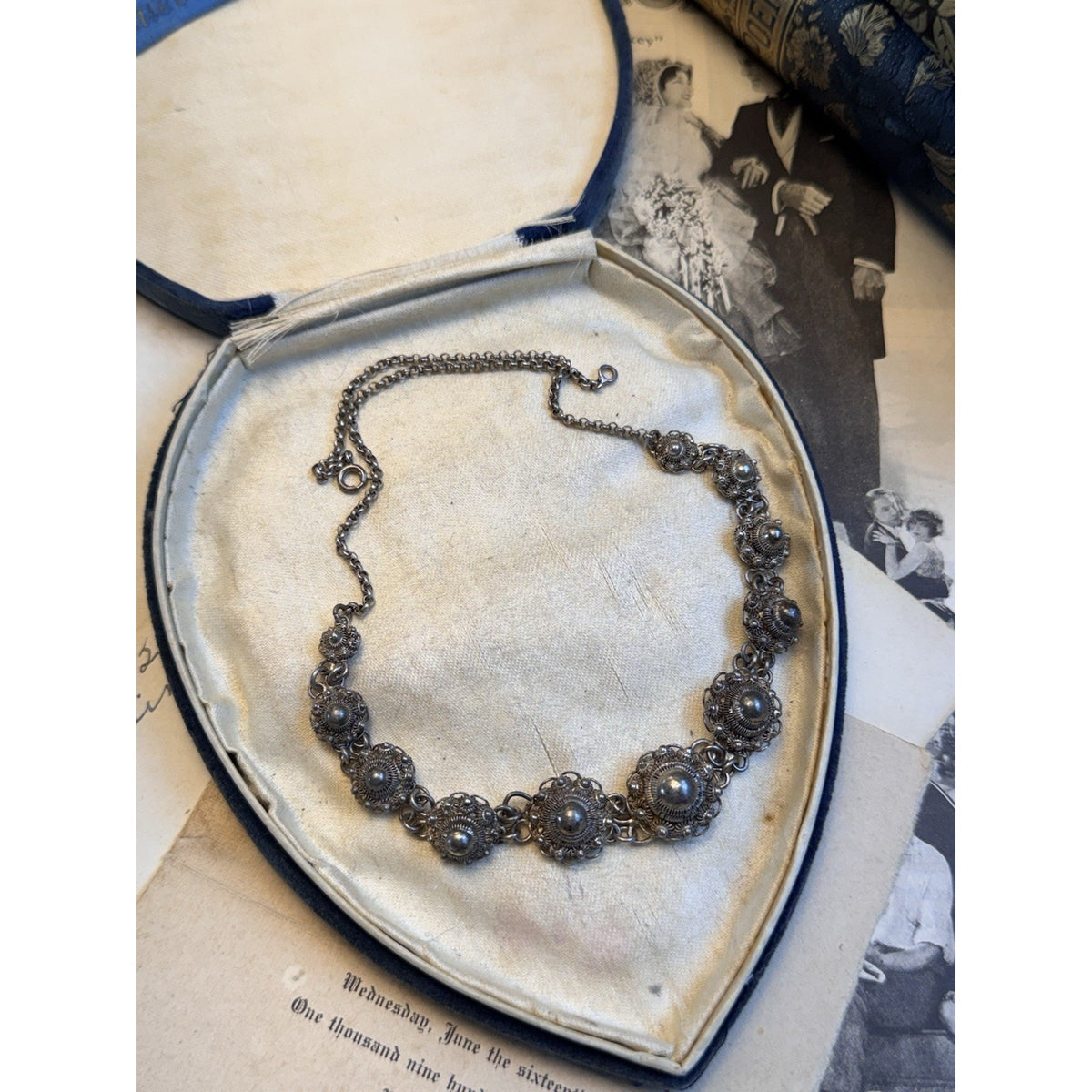 Dutch Button Necklace 835 Silver Filigree Graduated Floral Links Vintage 17.5”