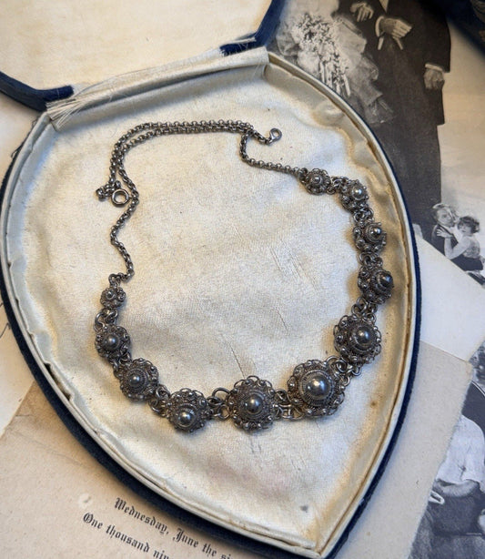Dutch Button Necklace 835 Silver Filigree Graduated Floral Links Vintage 17.5”