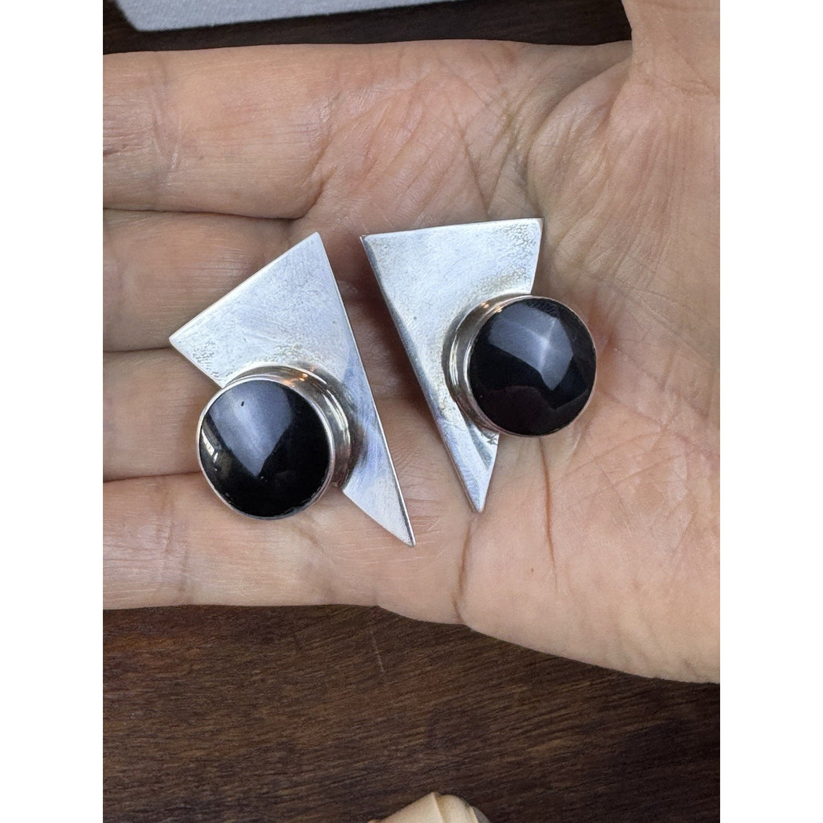 Vintage Sterling Earrings Mexico 925 TP-98 Black Onyx Modernist Clip 1.75”