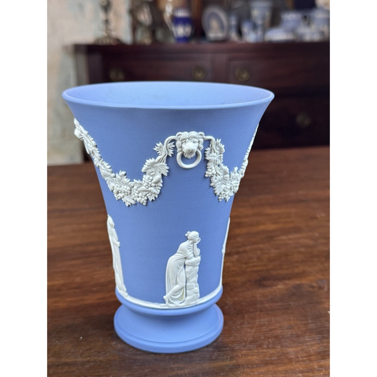Vintage Wedgwood Jasperware Vase Blue White Classical Figures Grapevine 6” READ!