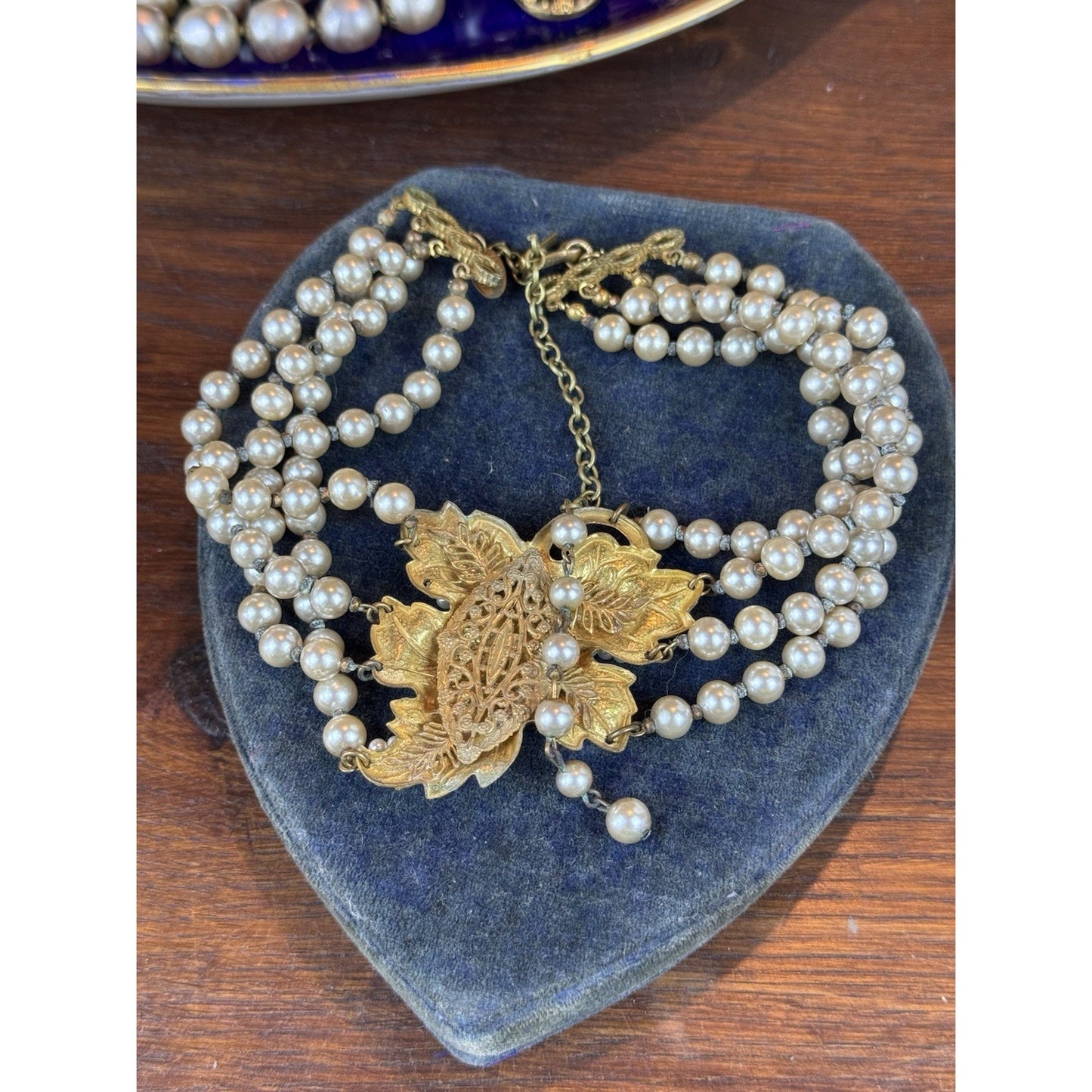 Miriam Haskell Choker Necklace 4 Strand Faux Pearl Goldtone Leaf 18” READ‼️