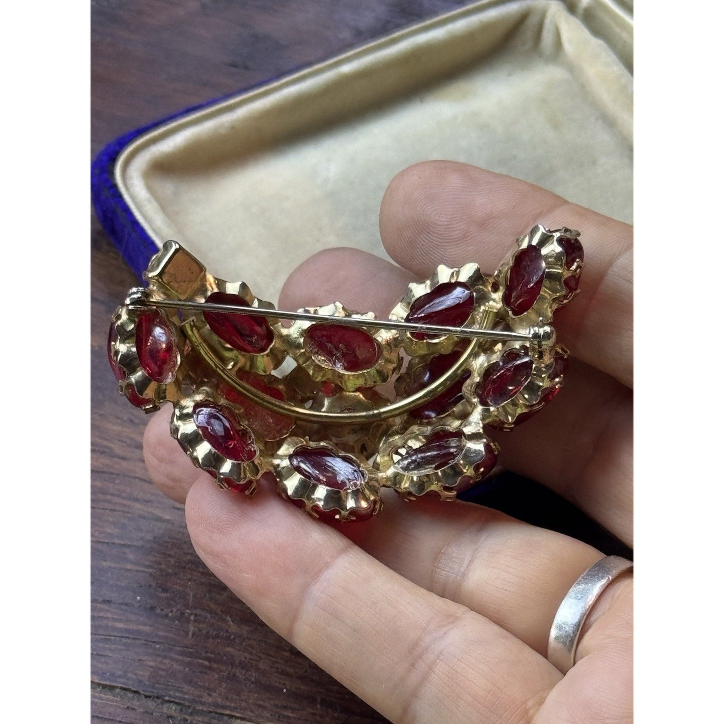 Vintage Brooch Red Lucite 2.25” Goldtone Crescent Cabochon Rhinestone Cluster