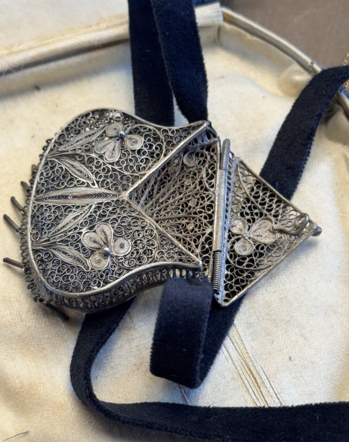 Silvertone Chatelaine Coin Purse Cannetille Filigree Floral Velvet Ribbon