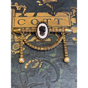 Cameo Brooch Signed JEANNE Black White Goldtone Faux Pearls Vintage 2.5” x 2”