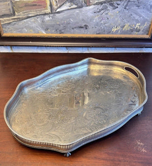Silverplate Gallery Tray SHEFFIELD Serpentine Reticulated Chased Footed 18”