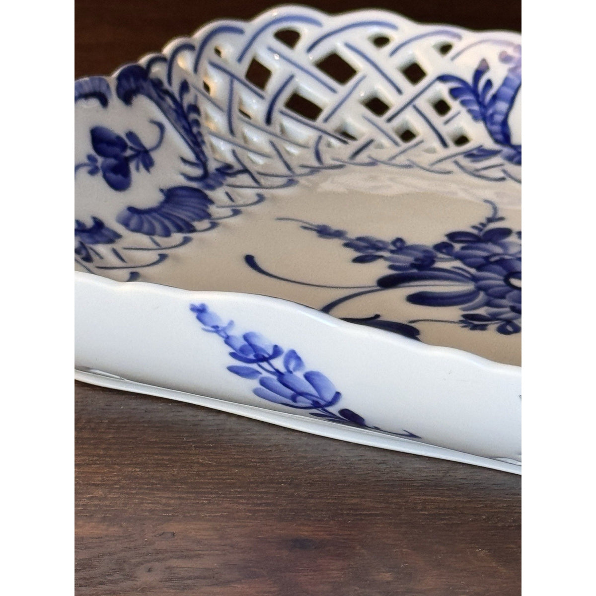Royal Copenhagen Porcelain Reticulated Blue White Square Bowl 9.25” VINTAGE