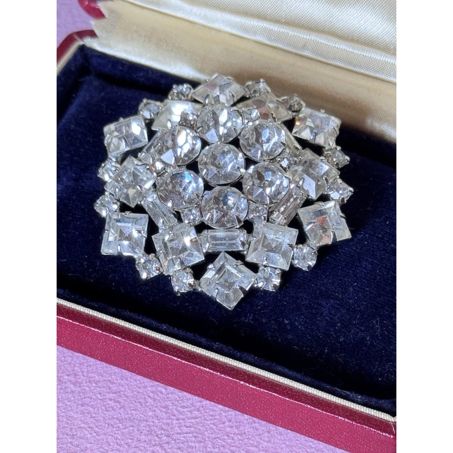 Vintage WEISS Brooch Clear Rhinestone Signed 2” Round Baguette Square