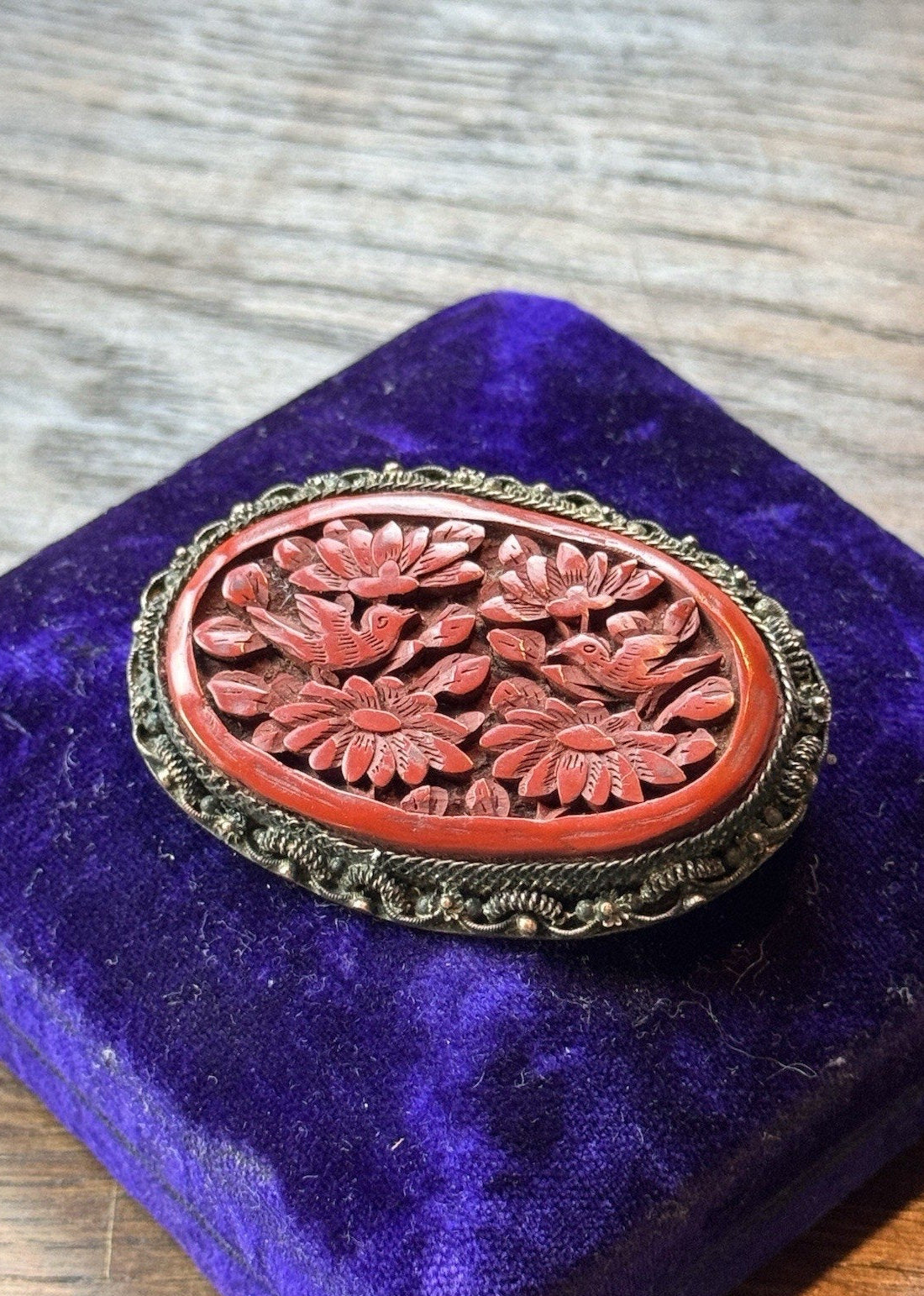 Vintage Cinnabar Brooch 2.25” Chinese EXPORT Carved Birds Flowers Silvertone