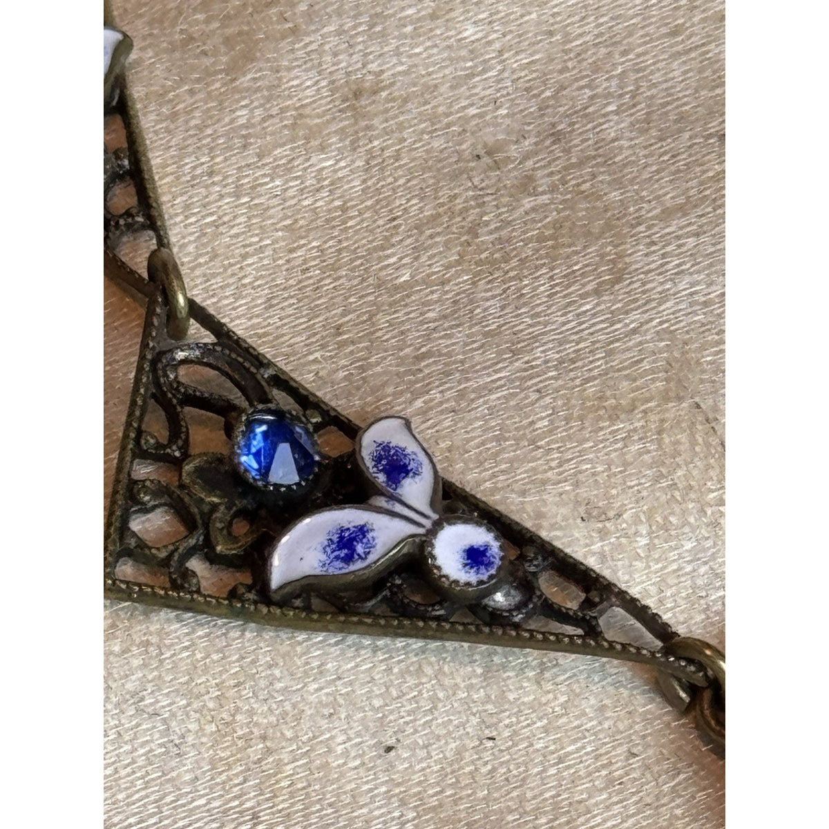 Antique Czech Necklace Blue Glass Enamel Brass Filigree Art Deco 15.5” L