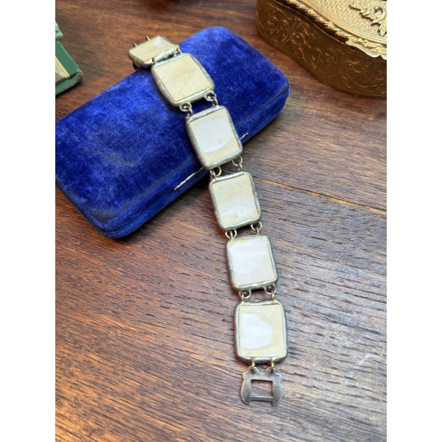 Handmade Porcelain Bracelet Blue White Tally Ho Horse Scene 6.5” Vintage 1990s
