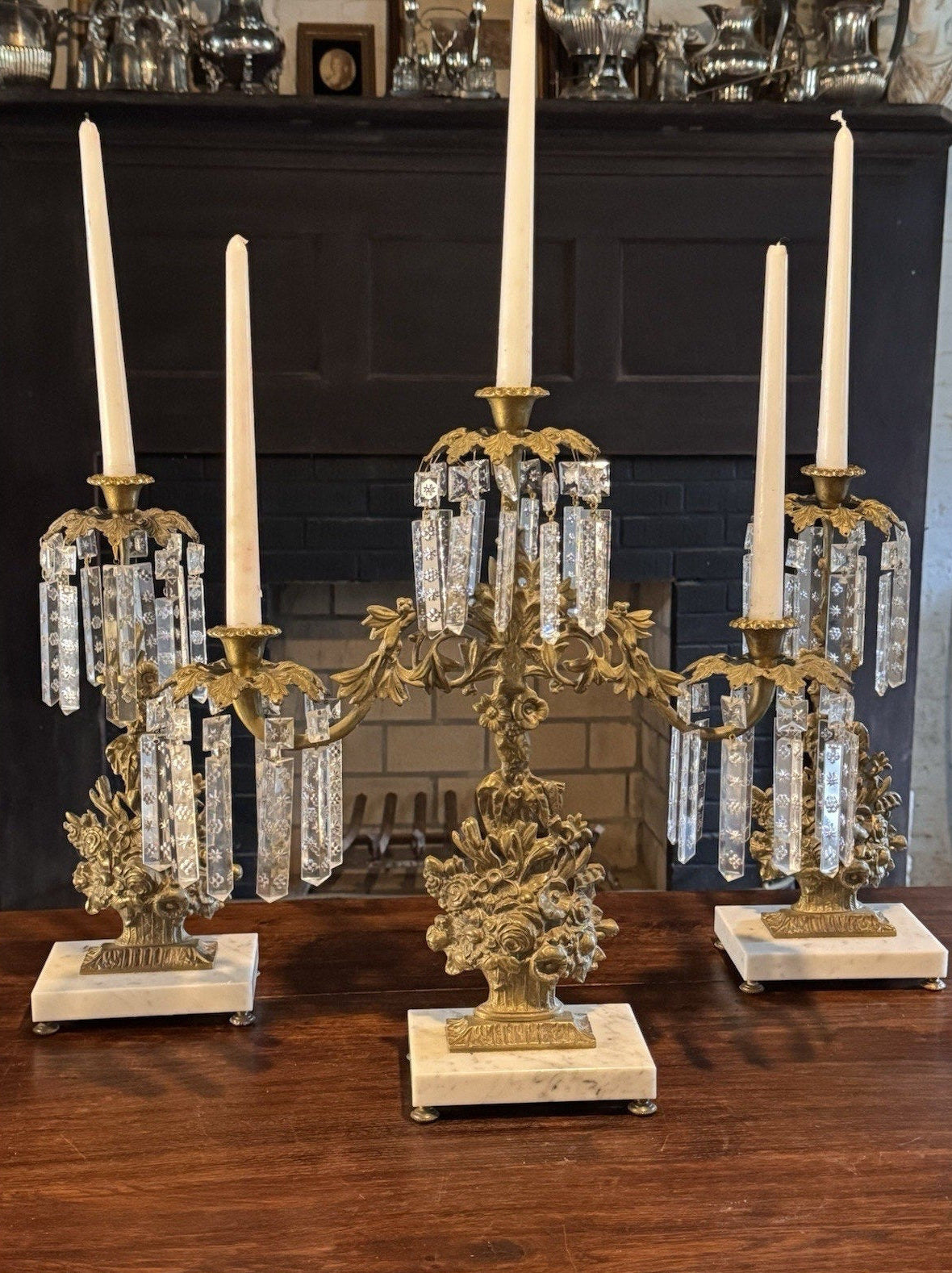 Girandole Candelabra Set Goldtone Floral Marble Crystal Prisms 3 Piece 18” 15.5”