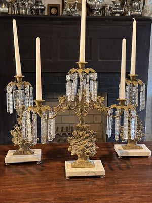 Girandole Candelabra Set Goldtone Floral Marble Crystal Prisms 3 Piece 18” 15.5”