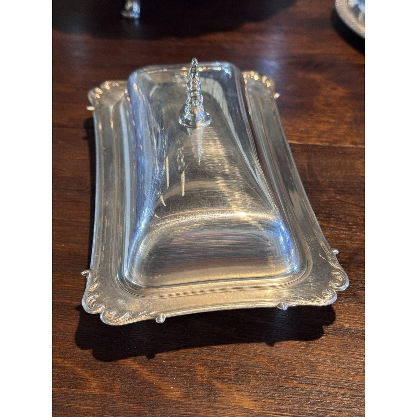 Silverplate Butter Dish Glass Insert Covered 7.5” Crescent International Silver