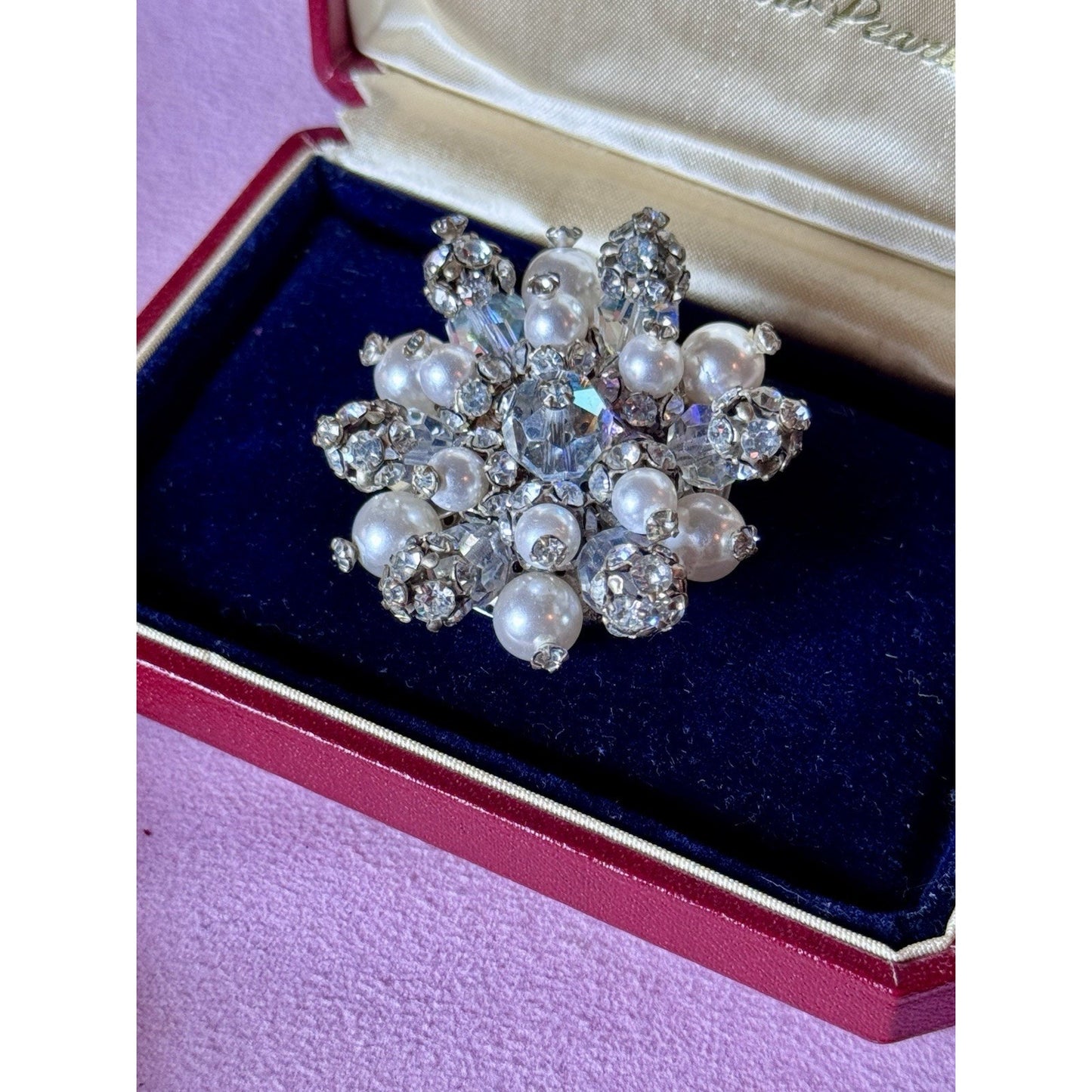 Vintage Brooch Faux Pearl Rhinestone Cluster Silvertone Crystal Bead Pin