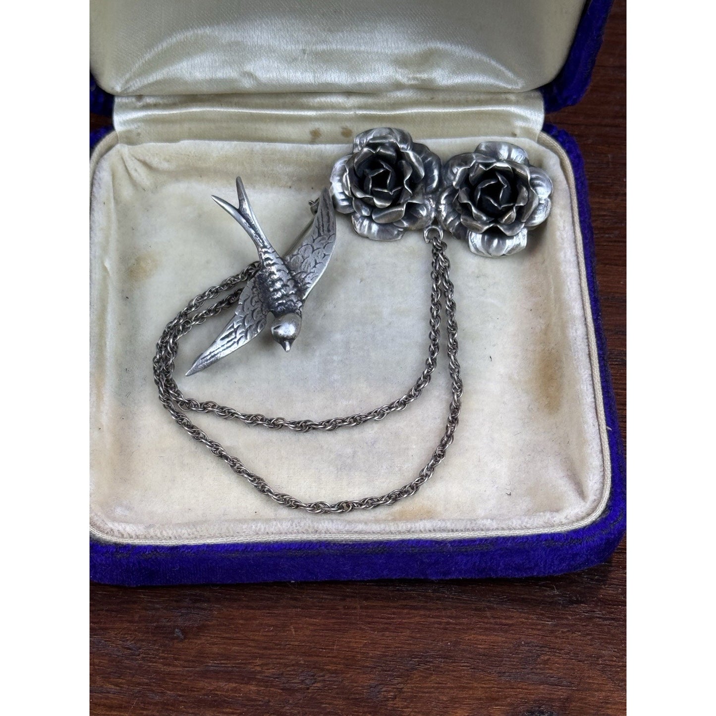 Vintage Sterling Silver Chatelaine Brooch Swallow Roses Double Chain 5.25”