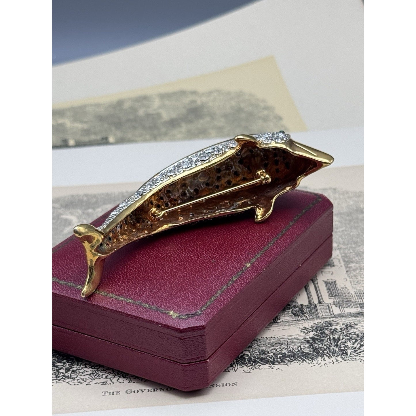 Shoulder Brooch Dolphin Rhinestone Goldtone Pavé Crystal Figural 3.75” VINTAGE