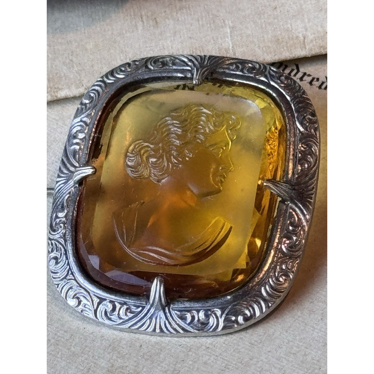 Vintage Cameo Portrait Brooch Pin Silvertone Frame Yellow Cushion Beauty Theme